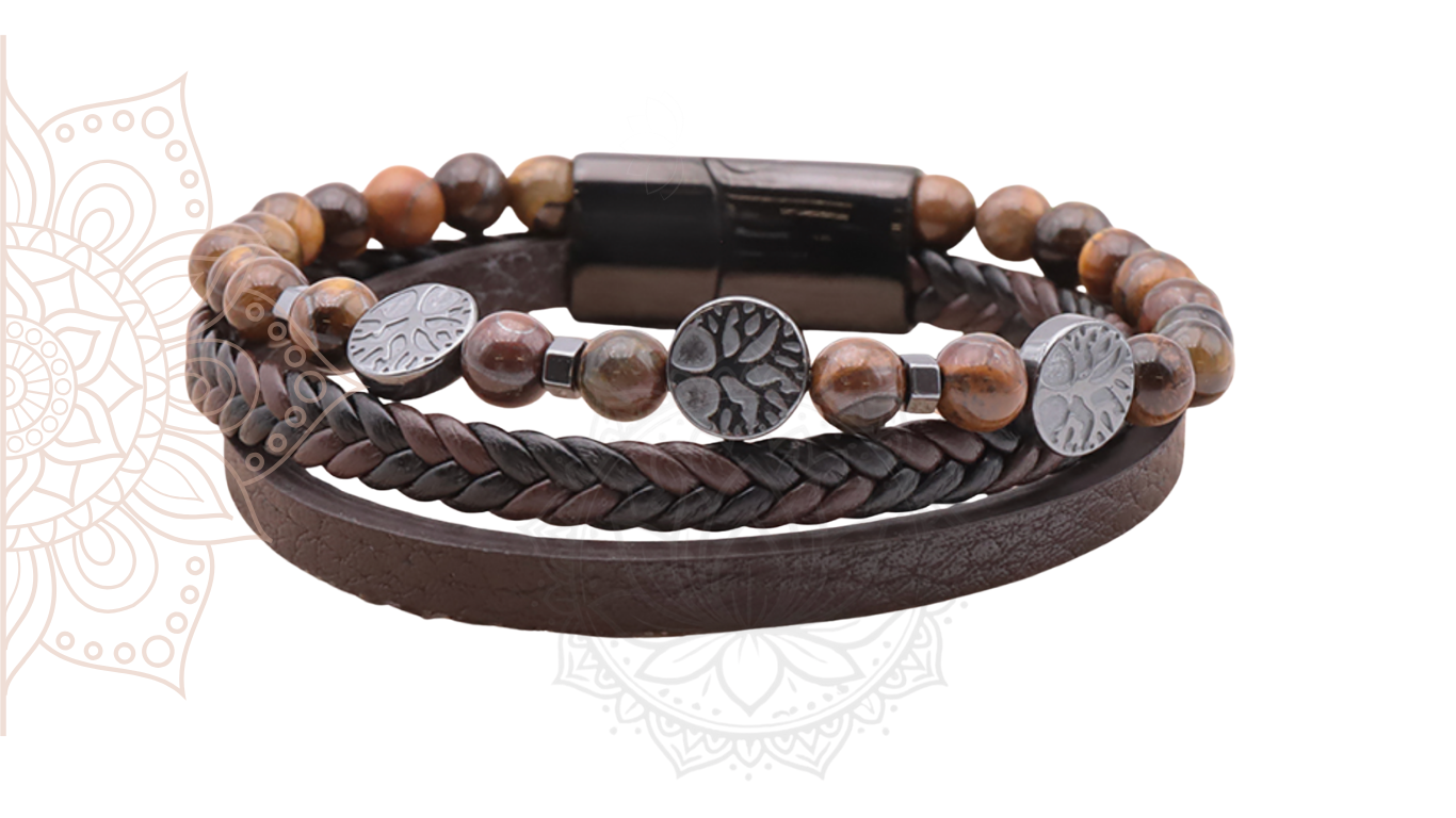 Bracelet Koru – Cuir Brun & Œil de Tigre (Qualité A) 🐅