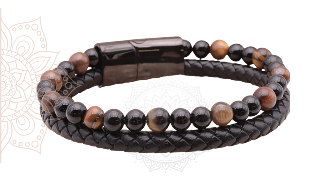 Bracelet Aska – Cuir Noir | Œil de Tigre & Onyx 🖤✨