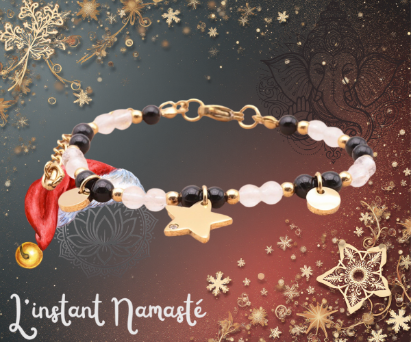 ✨ Bracelet Mira Doré – Onyx & Cristal de Roche ✨