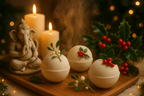 `bombe de bain , hiver , Noël , namaste , Ganesh , détente , zen , bien-être ,baie de houx , gui