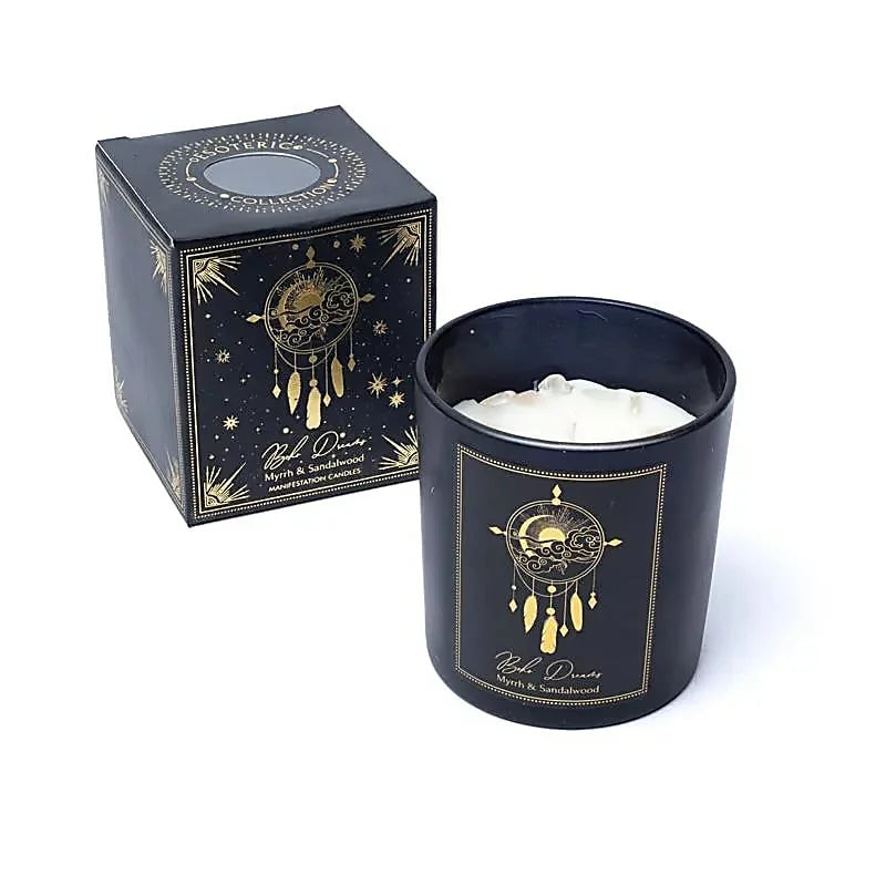✨ Bougie d’Intention Boho Dreams – Myrrhe & Bois de Santal avec Cristal de Roche 🤍