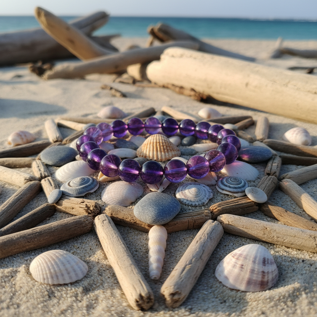 Bracelet Améthyste Zambie AB — Perles 8 mm - fond nature plage mandala bois 