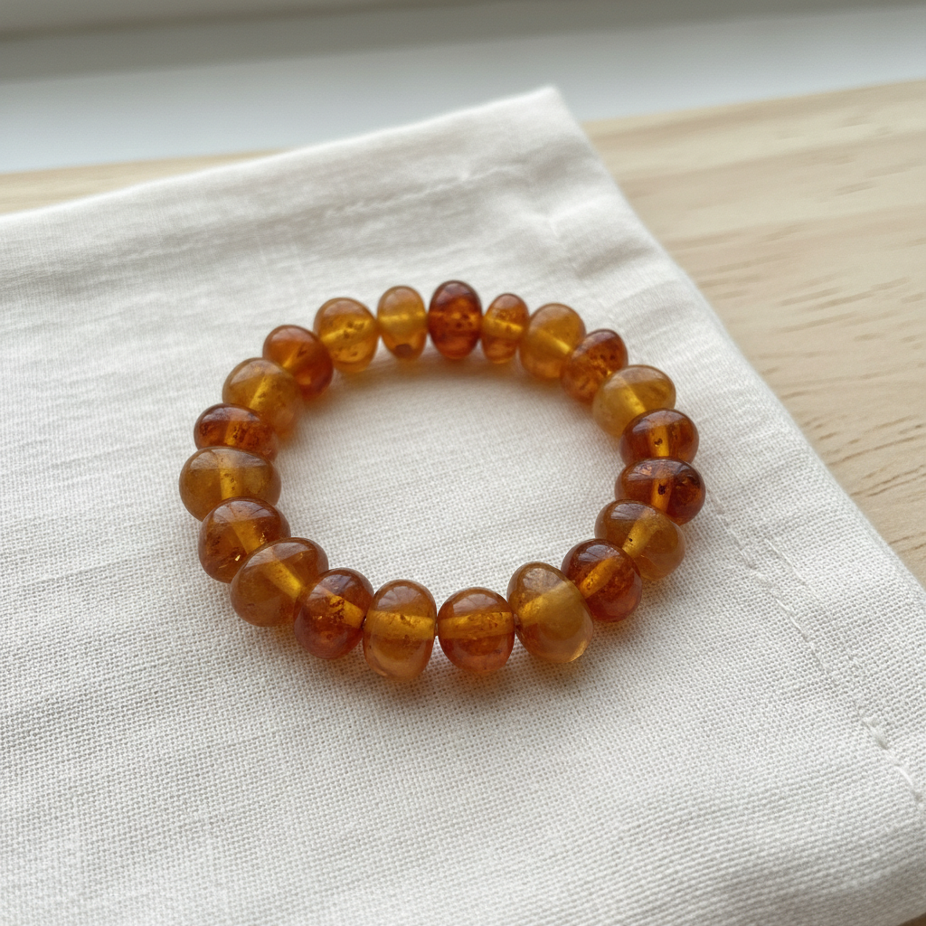  Bracelet Bébé – Ambre Miel une rangée (composé de billes de forme amorphe), fond naturel enfantin 