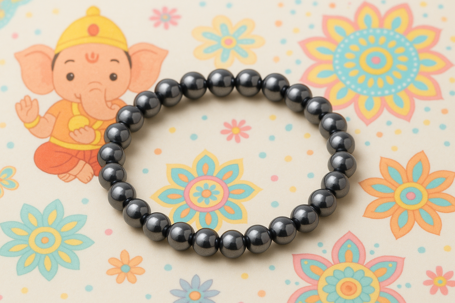 BRACELET BOULE 06MM HÉMATITE  / Fond Ganesh / mandala / enfantin 
