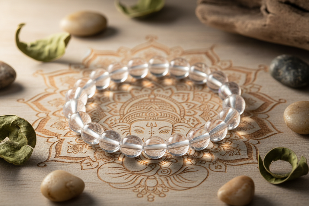 BRACELET BOULE 08MM CRISTAL DE ROCHE AB 8 MM - Fond nature , madalas , Ganesh 