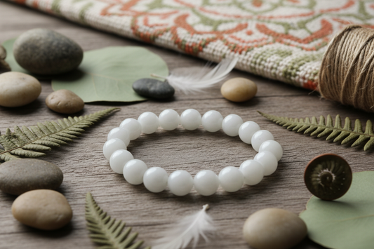 BRACELET BOULE 08MM JADE BLANC A, fond nature, mandala, bohème 