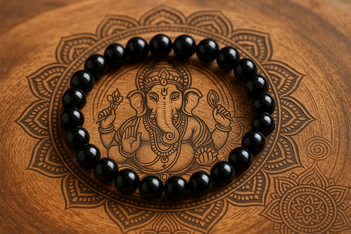 BRACELET BOULE 08MM OBSIDIENNE NOIRE , fond nature bois Ganesh mandala