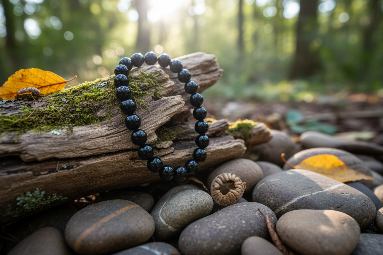BRACELET BOULE 08MM TOURMALINE NOIRE, fond nature 