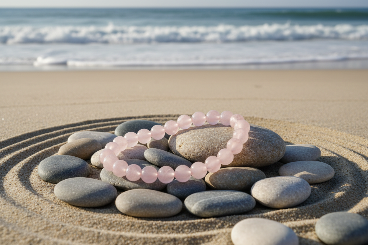 bracelet boule 8 mm quartz rose, fond plage nature galet zen 