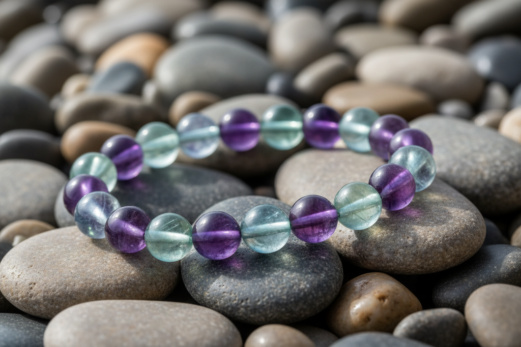BRACELET FLUORITE PERLES 8MM une rangée, fond galet, plage 