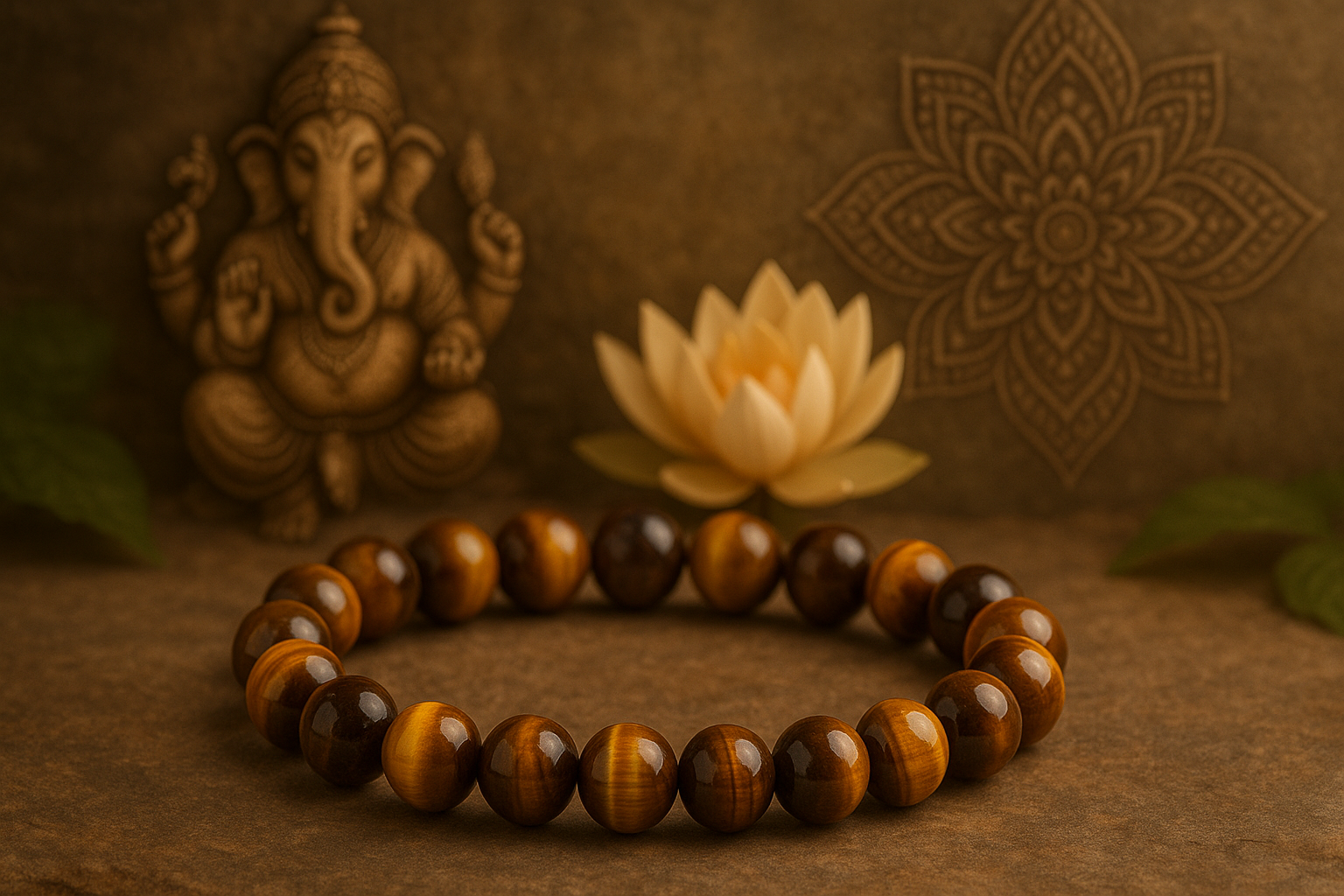 Bracelet oeil de tigre , fond nature / Ganesh / lotus / Mandala 