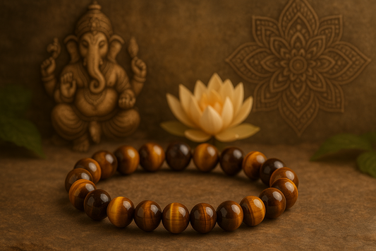 Bracelet oeil de tigre , fond nature / Ganesh / lotus / Mandala 