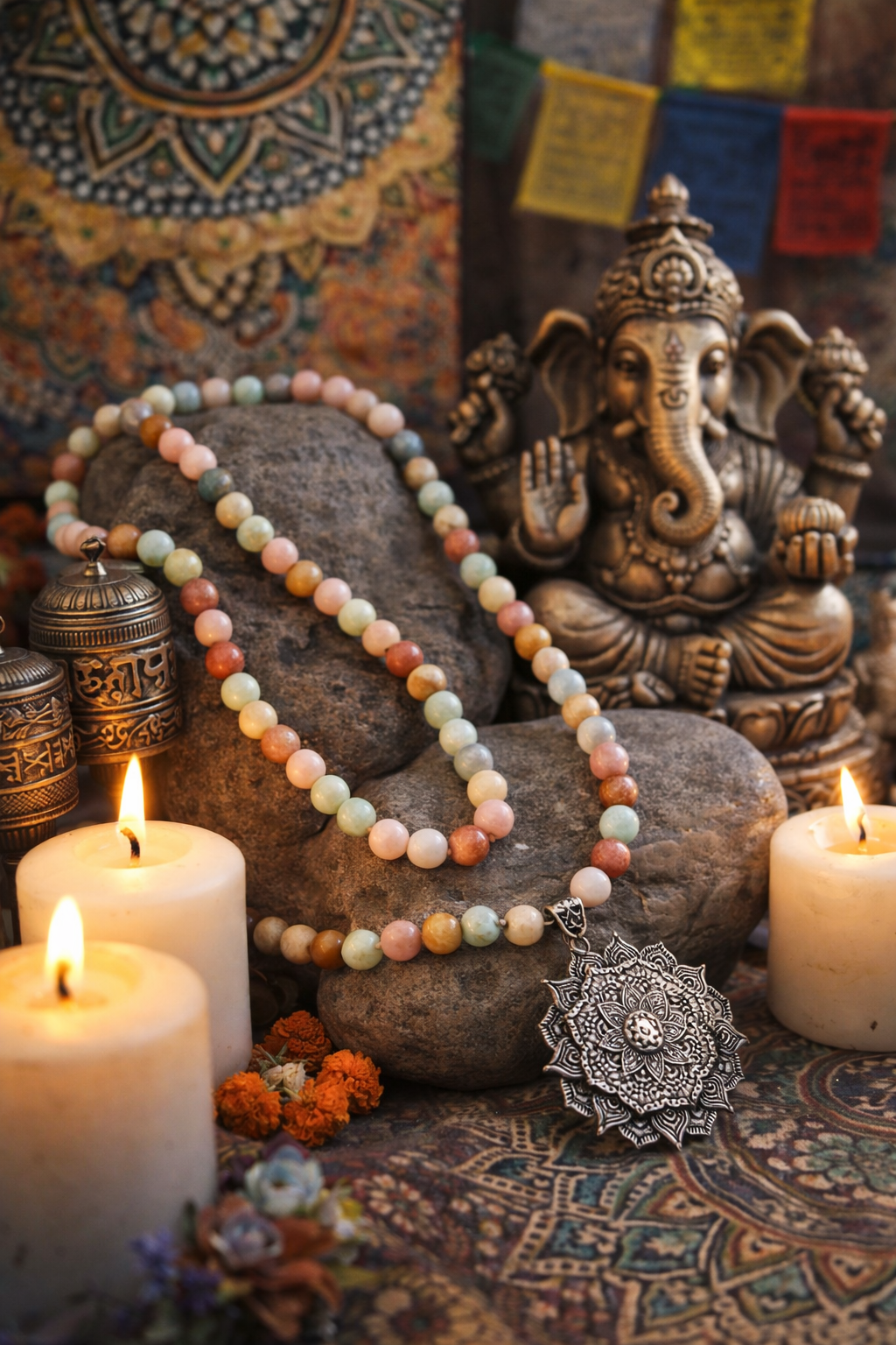 Mala Quartz rose 𖥸 Amazonite 𖥸 Rhodonite + lotus