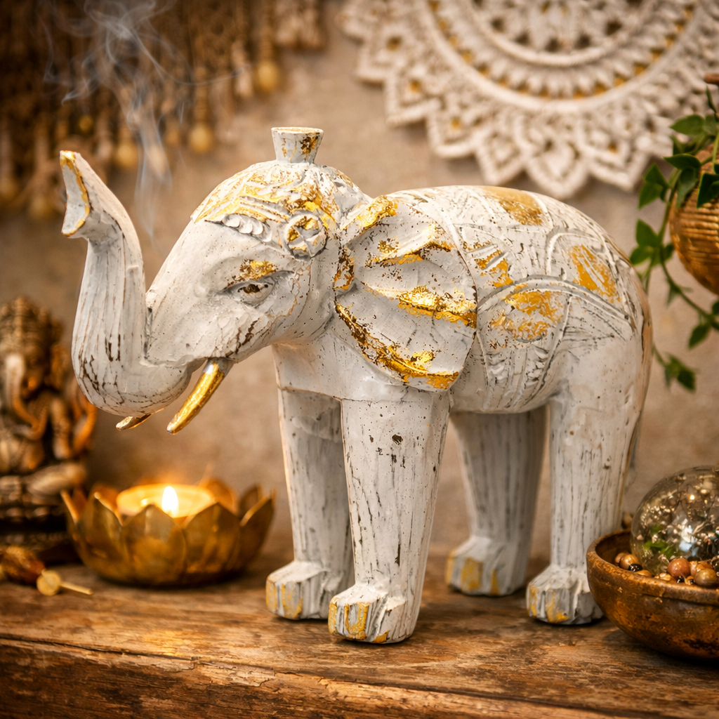 🐘 Éléphant Sacré en Bois Sculpté – Symbole de Protection et de Sagesse