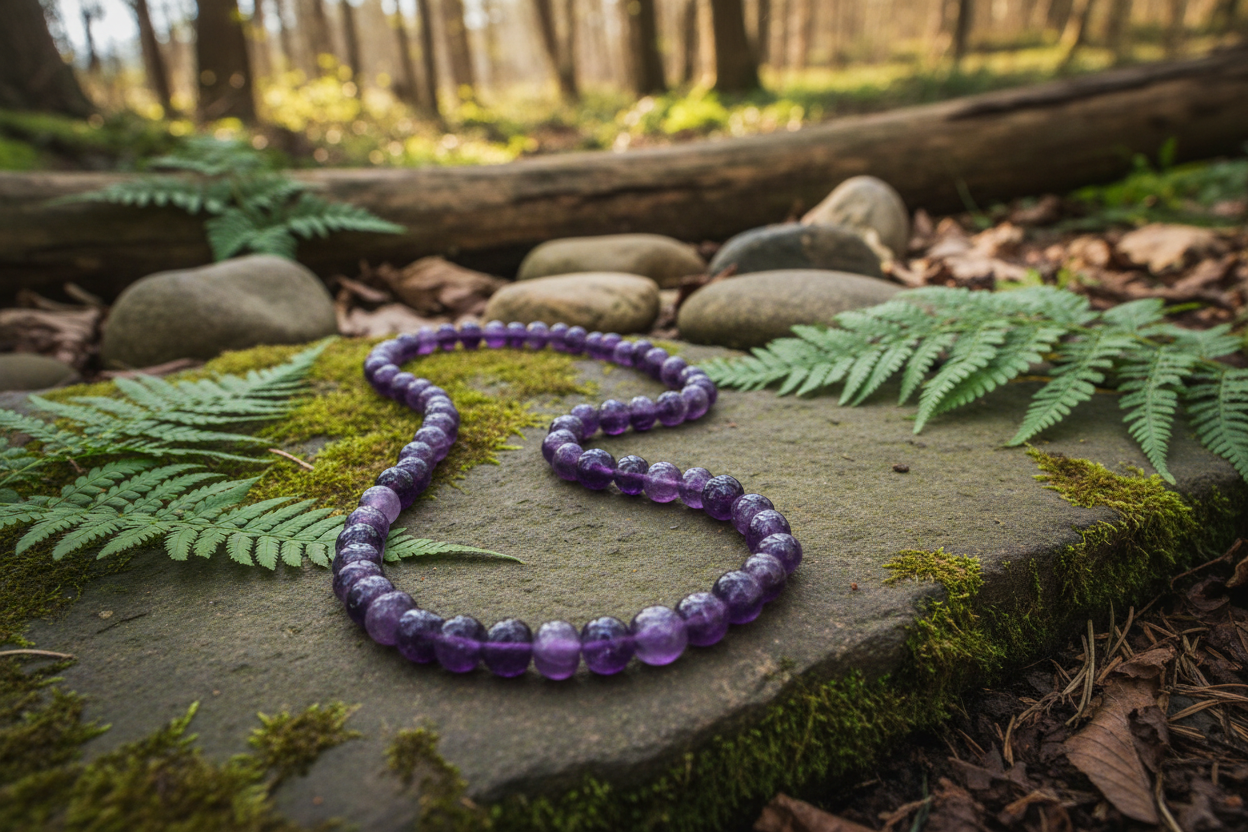 COLLIER BOULE (45 cm) AMÉTHYSTE, fond nature