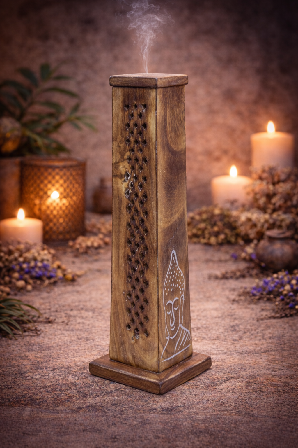 🧘 Porte-Encens Bois Tour Bouddha – 30 cm
