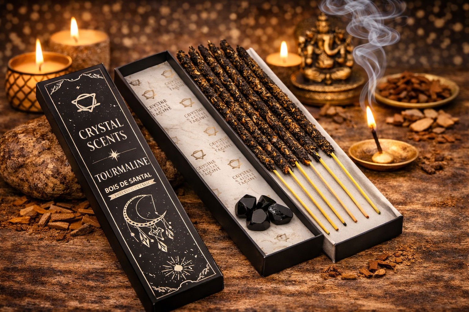 🖤 Coffret Encens & Cristal de Tourmaline – Bois de Santal