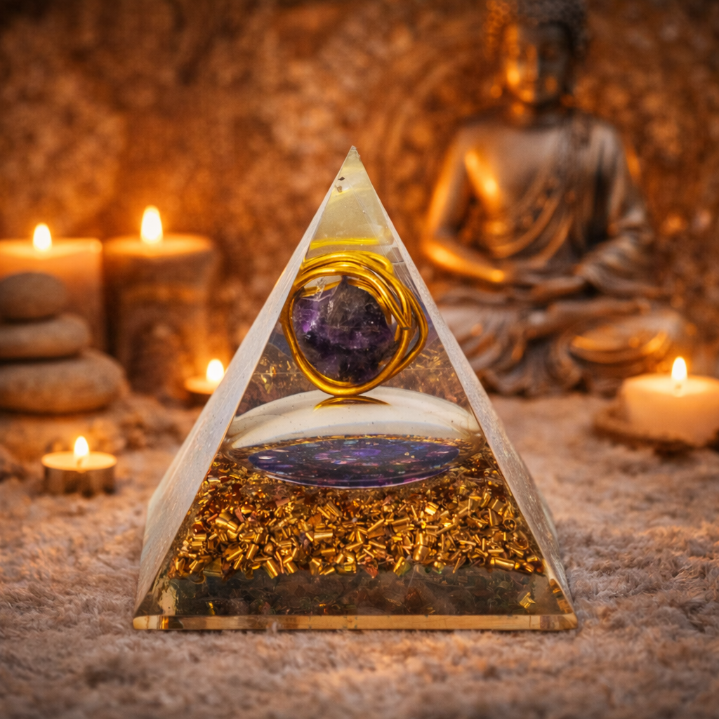 💜 Pyramide Orgonite Améthyste & Spirale Cuivre – Énergie & Sérénité ✨ L’Instant Namasté – Herve