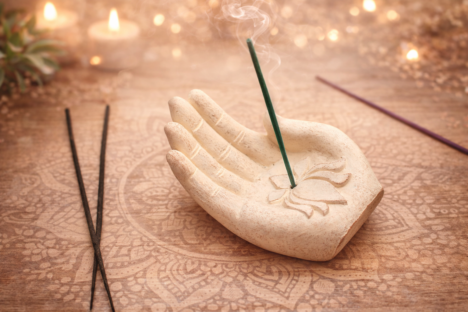 🕯️ Main Porte-Encens – Lotus Blanc