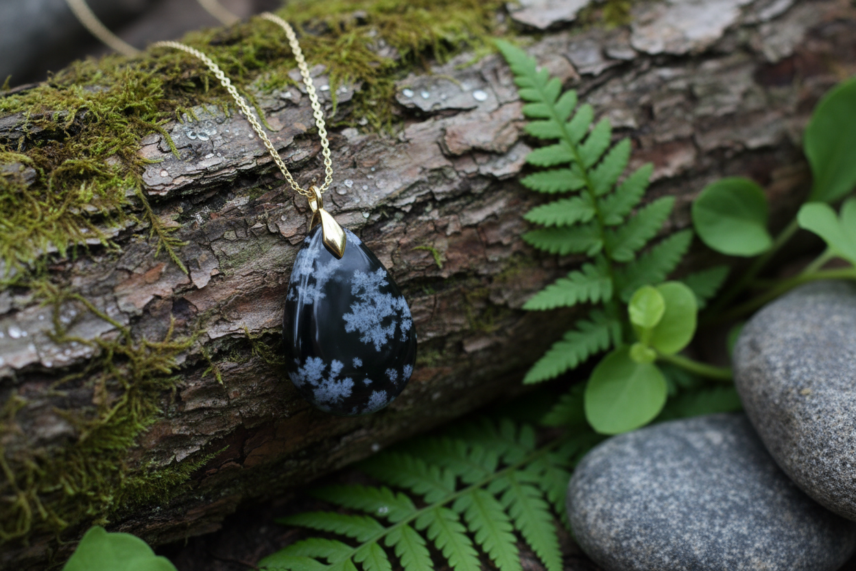 PENDENTIF GOUTTE SAUTOIR OBSIDIENNE FLOCON DE NEIGE chaine or, fond nature