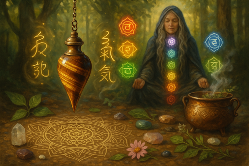 Pendule oeil de tigre , mandala , sorcière , bien-être , nature , chaudron , reiki , chakras , 