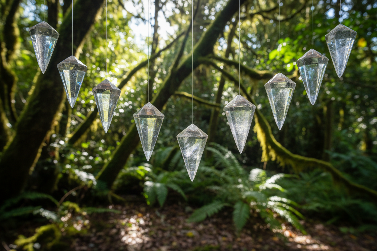 Pendules en cristal de roche, fond foret luxuriante