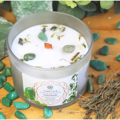 Bougie au Patchouli et Gemmes d'Aventurine Verte -Bonne Chance