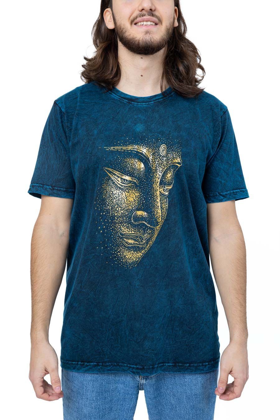 🧘 T-shirt Manches Courtes Bleu Stonewash — Bouddha Or