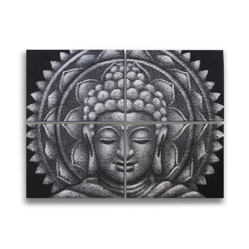 🖼️ Lot de 4 Tableaux Mandala Bouddha – Gris Détail Brocart (30 × 40 cm)